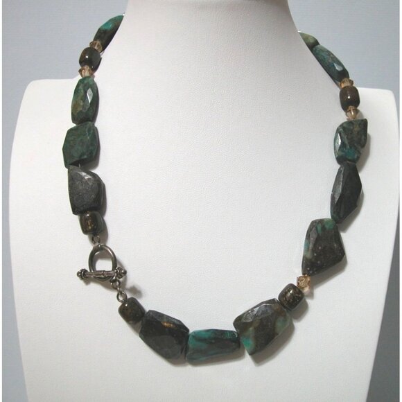 Chunky Green & Brown Agate Stone Beaded Necklace With Silver Toggle Clasp - Picture 2 of 2